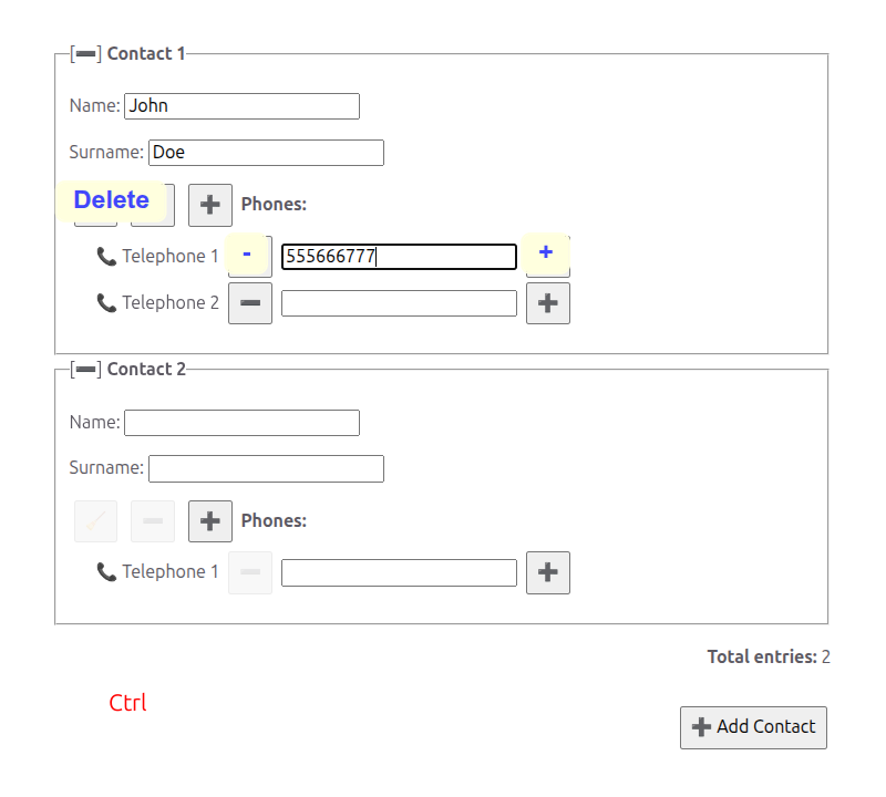 Example form showing a contact list where each contact has a phone number list, demonstrating context-aware hotkey behavior
