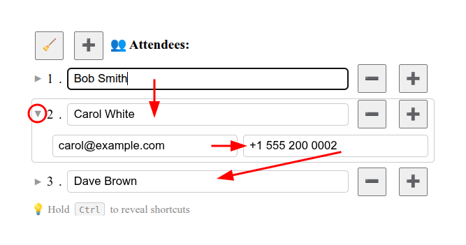 A collapsible contact list showing one contact collapsed (only name visible) and another expanded (name, email and phone visible), with keyboard shortcut annotations for Alt+Enter (expand and enter forward), Alt+Shift+Enter (expand and enter backward) and Shift+Space (toggle)